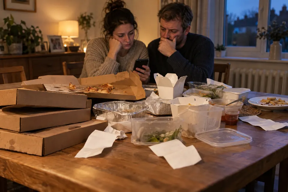 A couple checking a phone over a dining table covered in empty takeaway boxes