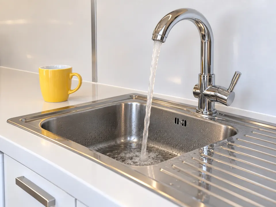 Hot water running into a stainless steel sink beside a yellow mug on a white worktop