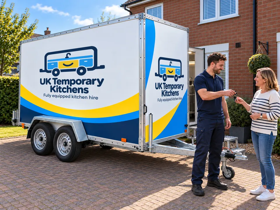 Handing over keys beside the branded kitchen trailer on a block-paved drive