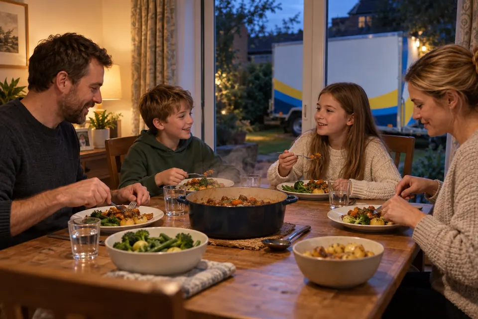 A family eating dinner at home in the evening, with the branded kitchen pod visible through the window