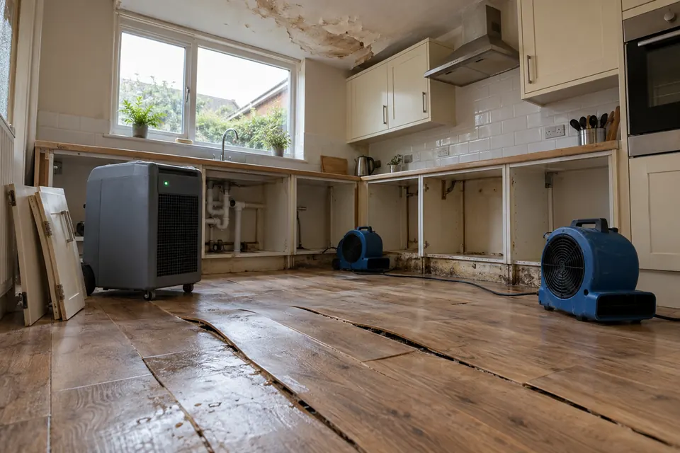 A water-damaged kitchen with lifted floorboards, stripped units and drying fans running