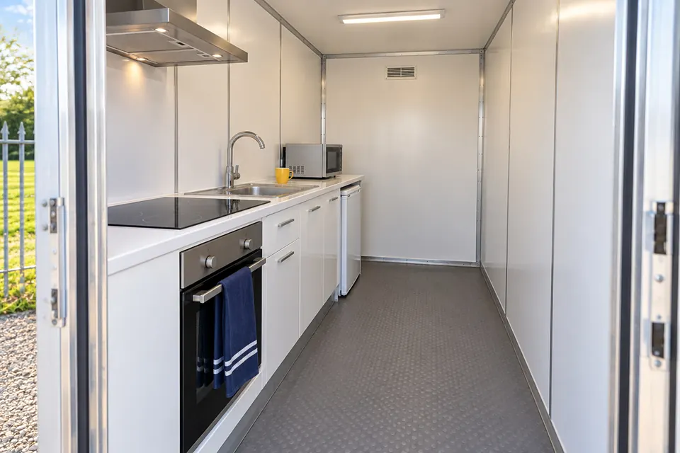 Inside the 10ft layout: oven, hob, sink, microwave and under-counter fridge along a short galley