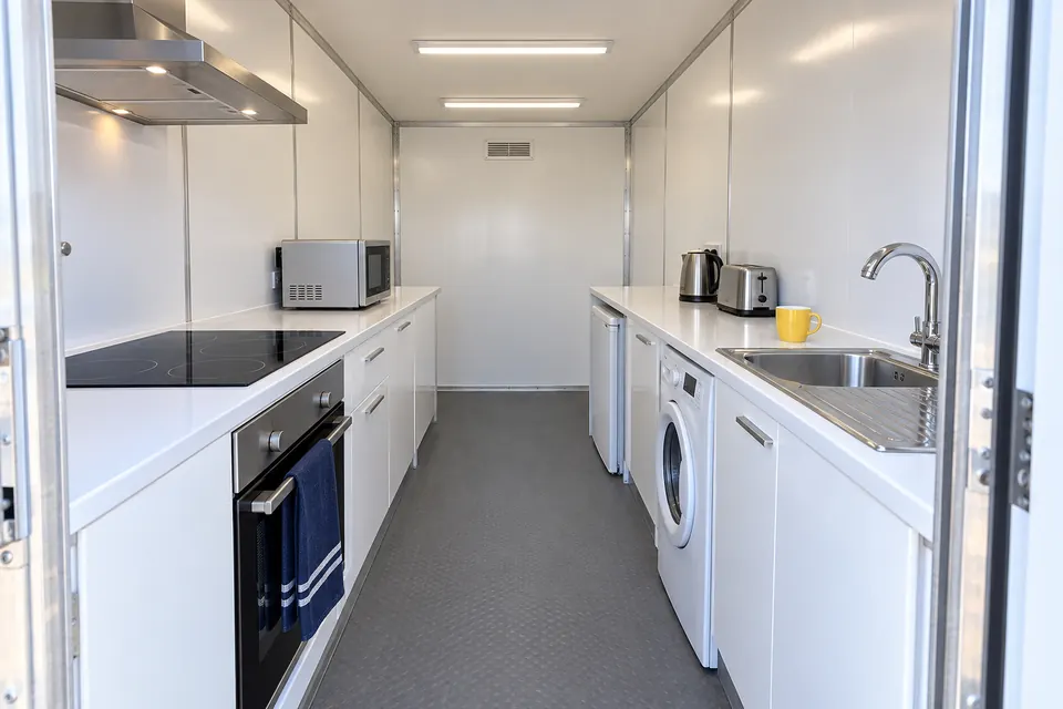 Inside a UK Temporary Kitchens pod: white units, oven, hob, sink, washing machine and microwave along a galley layout