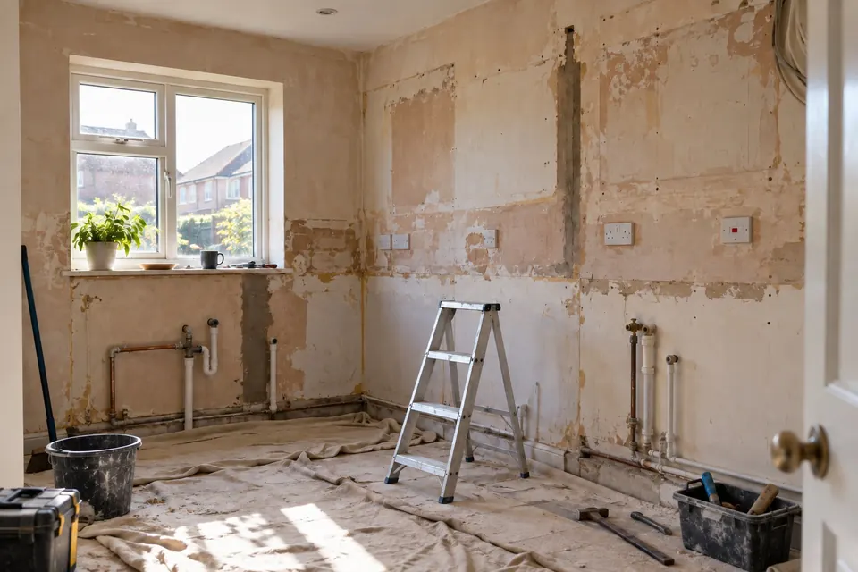 A kitchen stripped back to bare plaster and capped pipes during a renovation