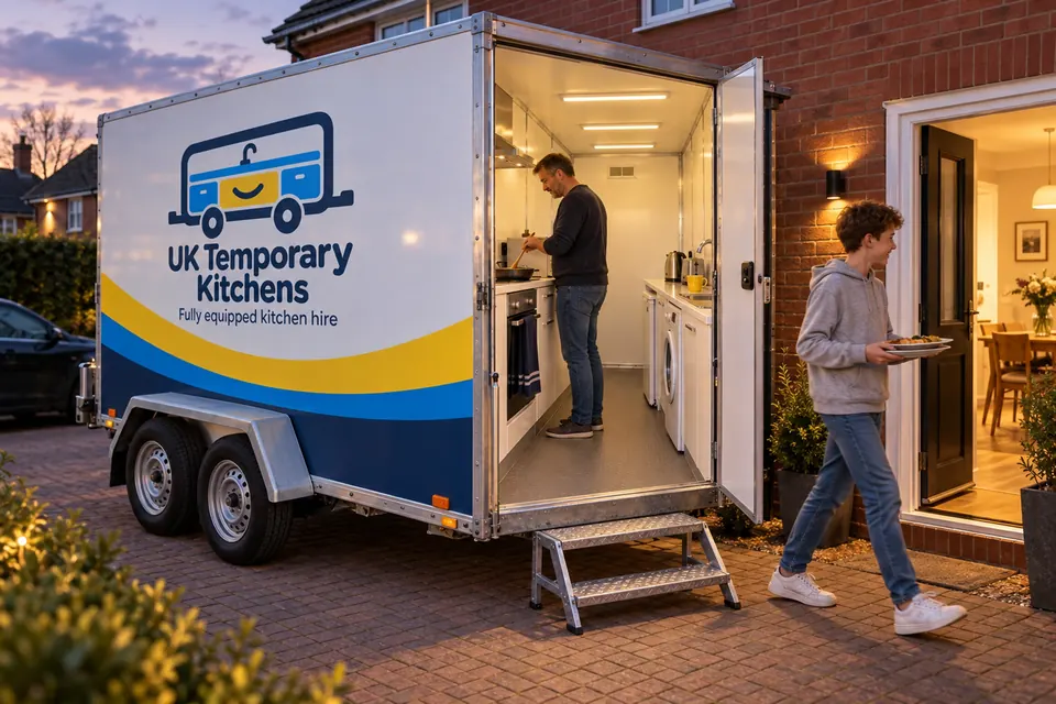 The kitchen pod on a driveway at dusk with the door open and someone cooking inside