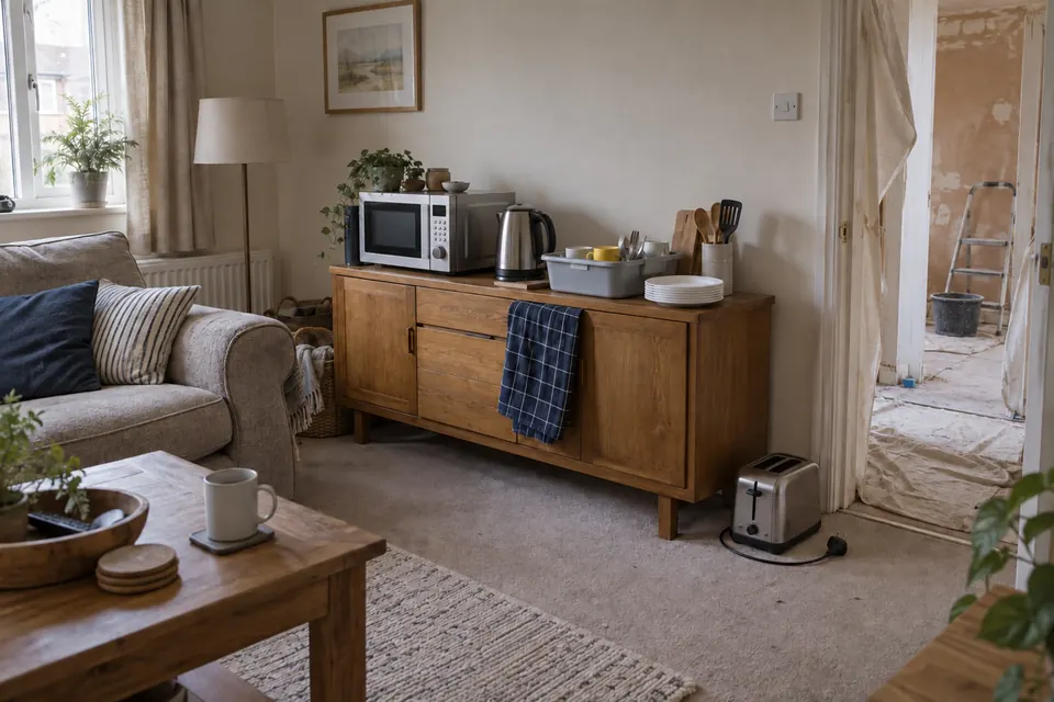 A microwave, kettle and toaster set up on a living room sideboard while building work goes on next door