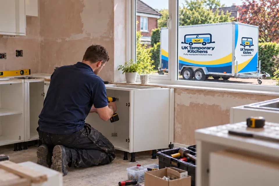 A kitchen fitter fixing a base unit, with the branded kitchen pod parked on the drive outside