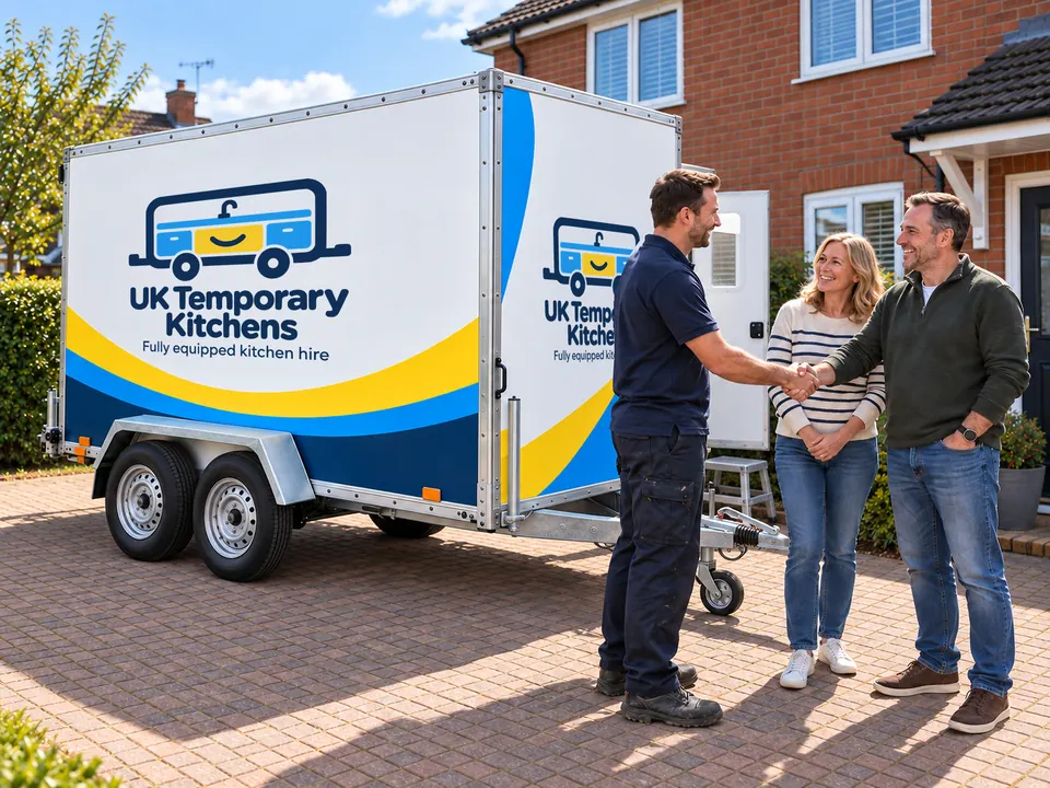 A fitter shaking hands with a couple beside the branded kitchen trailer on a driveway