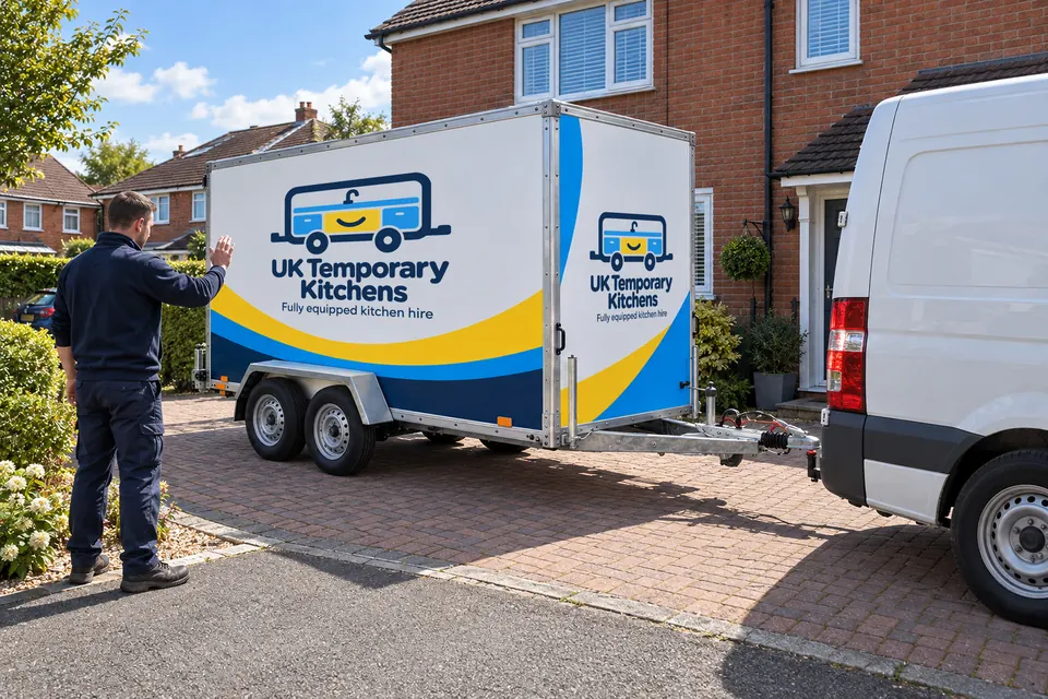 The branded kitchen trailer being guided onto a block-paved driveway, with the tow van alongside