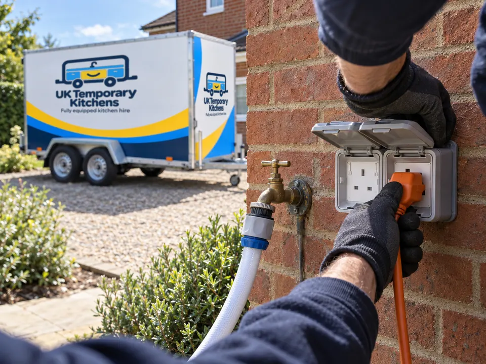 Plugging the trailer power lead into an outdoor socket beside an outside tap and hose